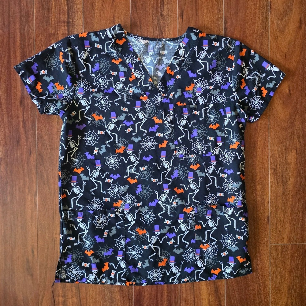 Halloween Scrub Top Small Skeleton Bats Spider Web V-Neck Medical Uniform Black